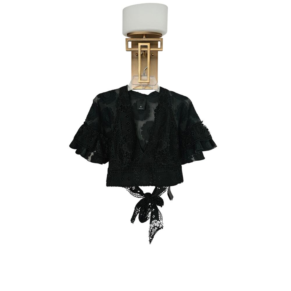 Anna Sui Women's Black Embroidered Lace Ruffle Sleeve Tie Crop Top NWT Size 12
